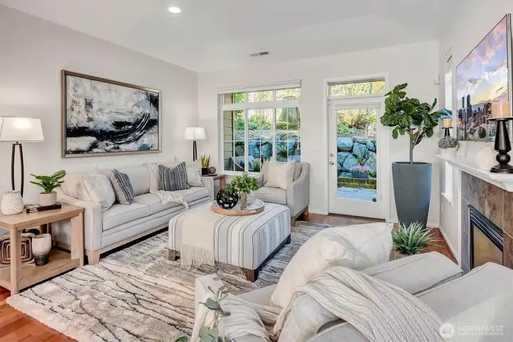 Generously sized family room accommodates traditional furniture, coffee tables or ottomans, site chairs and end tables. All walls, ceilings, doors, and trim/baseboard moldings are freshly painted throughout.