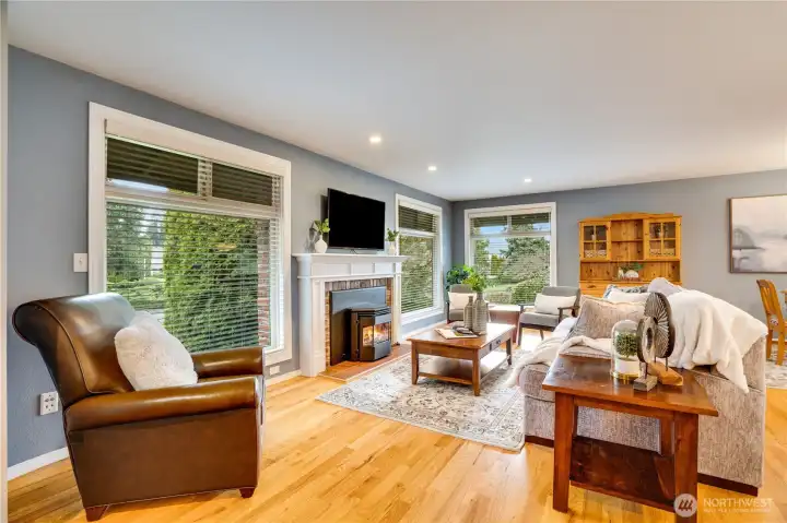 Cozy pellet fireplace warms this room, complete with custom blinds and upgraded trim and mantel.