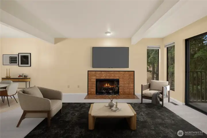 Enjoy the cozy living room and fireplace! Virtually Staged.