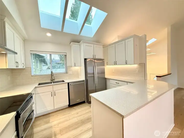 Wonderfully remodeled kitchen with skylights