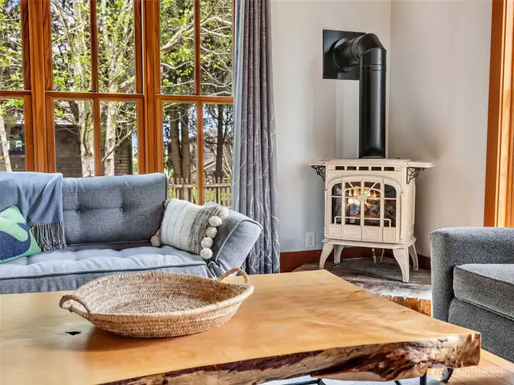 Living area with propane fireplace and seating
