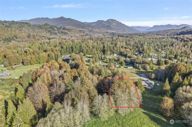 RED line is approximate. The lot is wooded and buffers the 40 acre Skagit Land Trust land