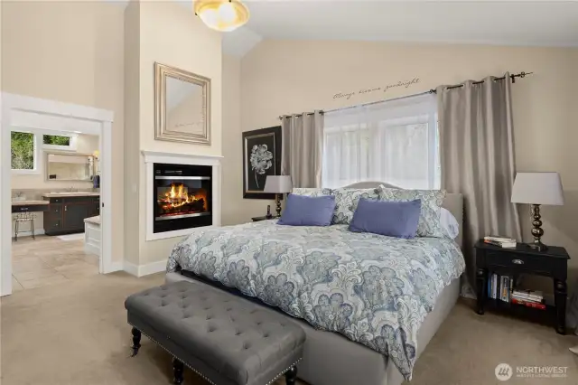 A separate wing for the primary suite ensures privacy and quiet. Light and spacious with vaulted ceilings and a double sided fireplace that can be enjoyed while soaking in the spa-tub. More photos on the additional photo website link.