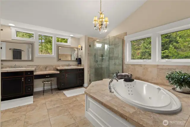 The primary bathroom features a spa soaking tub that keeps the water hot while bubbling, a fireplace and natural light. More photos available on the additional photo website link.