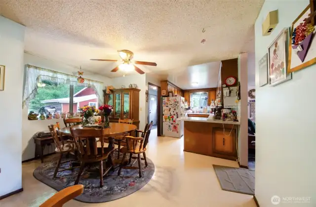Dining room and kitchen.