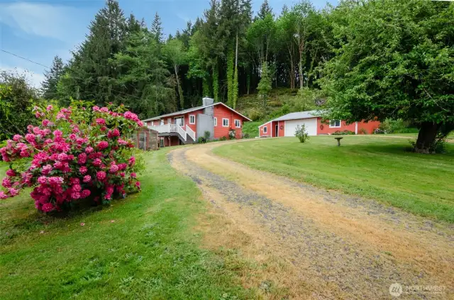 Larger home home with detached garage mature fruit trees and landscaping.