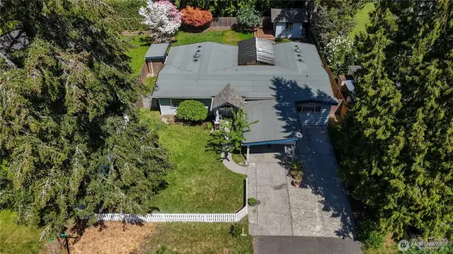 Birdseye view.  This home lives large!  Newer roof on the home and sheds.