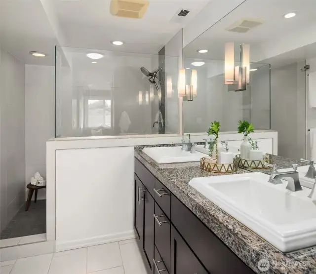 Owner Suite bathroom with storage, 2 sinks, and huge shower!