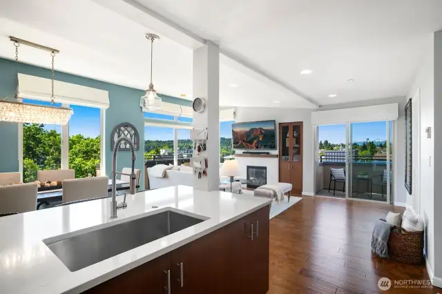 Large kitchen island with bartop seating