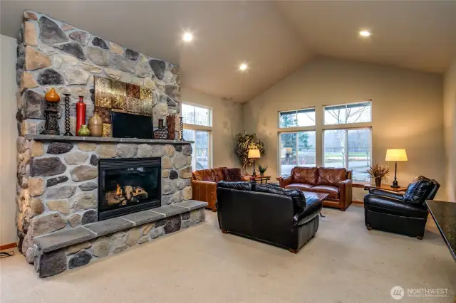 There is a large sitting area with a gas fireplace in the community center.