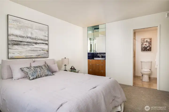 Primary suite has a  "continental bath" (Vanity in the room, shower/toilet separate)