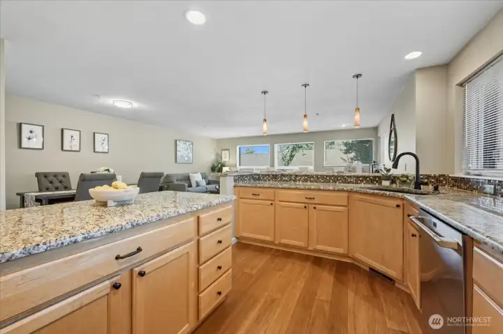 Kitchen view to open dining and living spaces