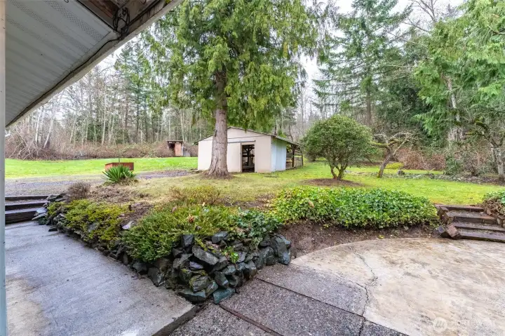 Back Patio of Family Room and Shed/Outbuilding