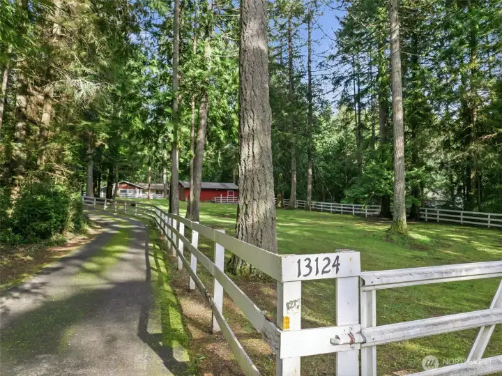 View from Central Valley road of paved drive and fenced pasture.