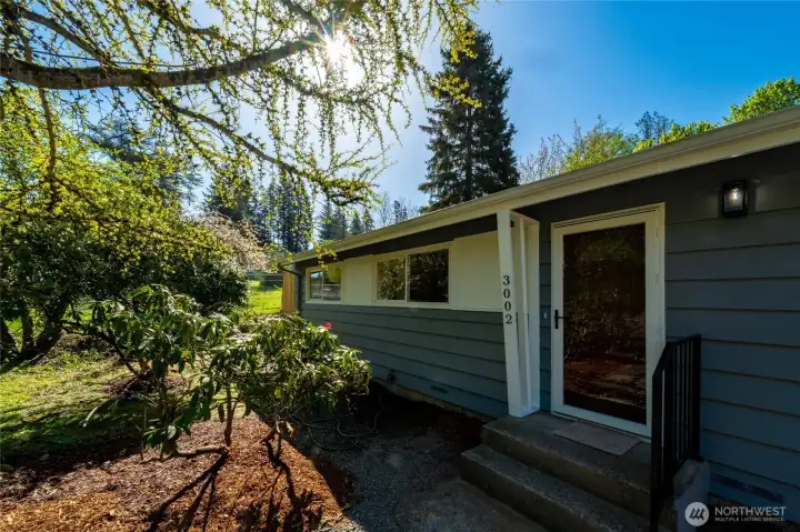 Mature rhododendrons add color and established landscaping to the front yard.