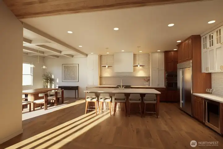 Professional Design rendering of planned kitchen and dinning.