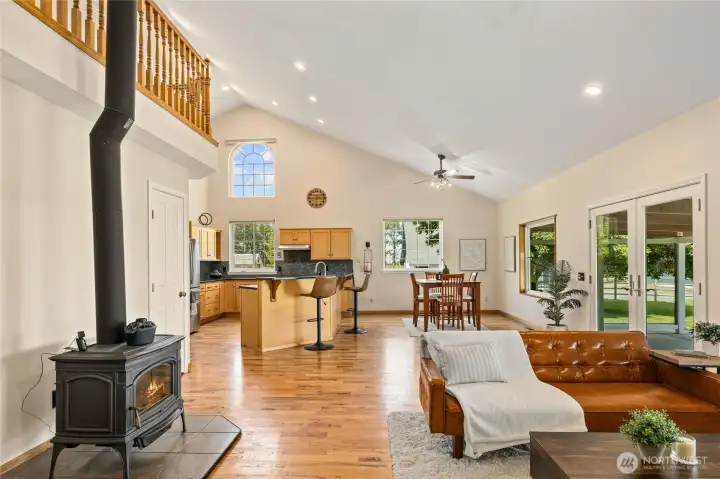 Real Oak hardwood floors and wood burning fireplace