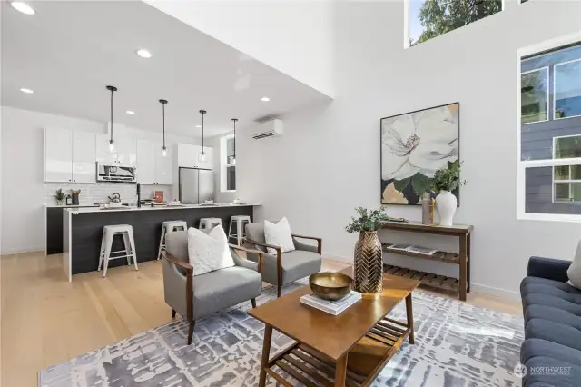 Contemporary kitchen with a large island and seamless flow into the living area, perfect for entertaining.