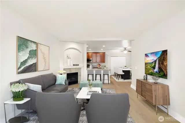 From the front door towards the kitchen. (Virtual Staging.)