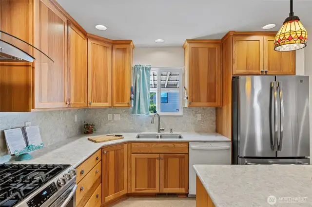 Overlooking the side yard, you will enjoy this beautifully remodeled kitchen. No stone unturned!