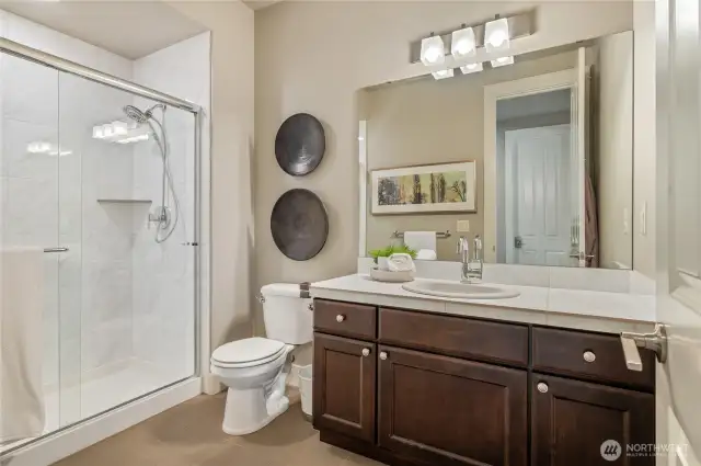 3/4 bath with a large shower in the 2nd Primary suite on main.