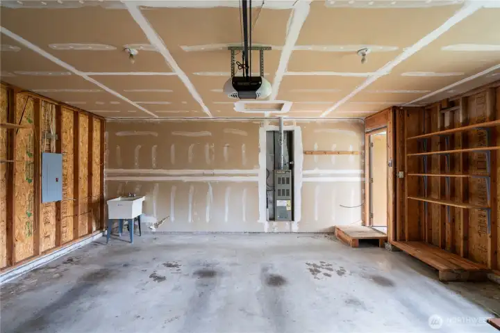 2-car garage with shelving