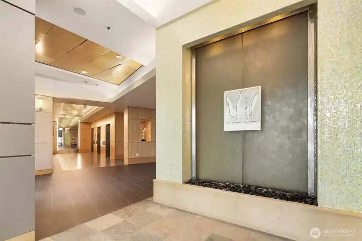 Lovely common areas with a bank of elevators for effortless access to your unit.