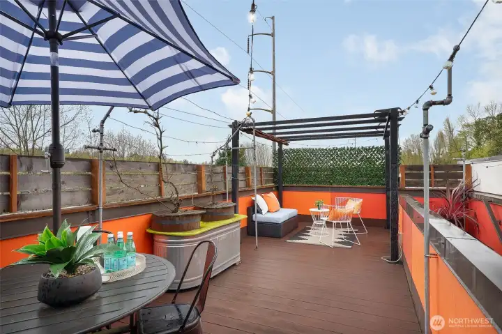 This home comes with not one, but TWO outdoor spaces for you to enjoy - check out this incredible rooftop deck! Pergola includes shade cloth (not extended in photos).