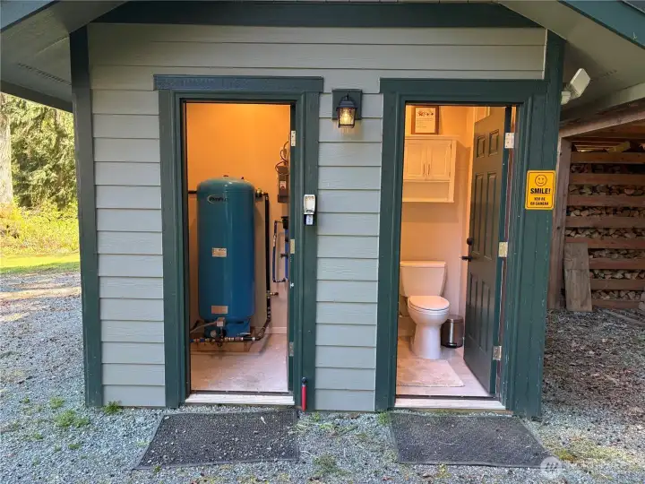 Storage building with water system for the well and half bath.