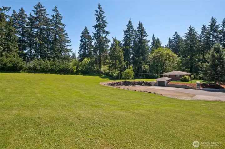 View from north west corner looking towards house and detached garage