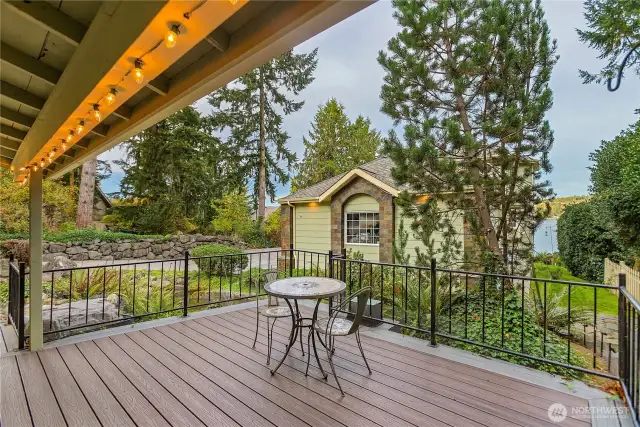 Deck overlooking pond off studio