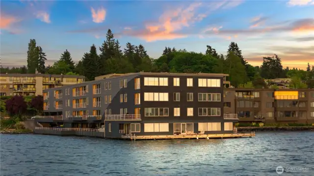 The ultimate in waterfront living at 733 Lakeside! Unit #312 is the penthouse corner unit at the top left of the building from this viewpoint.