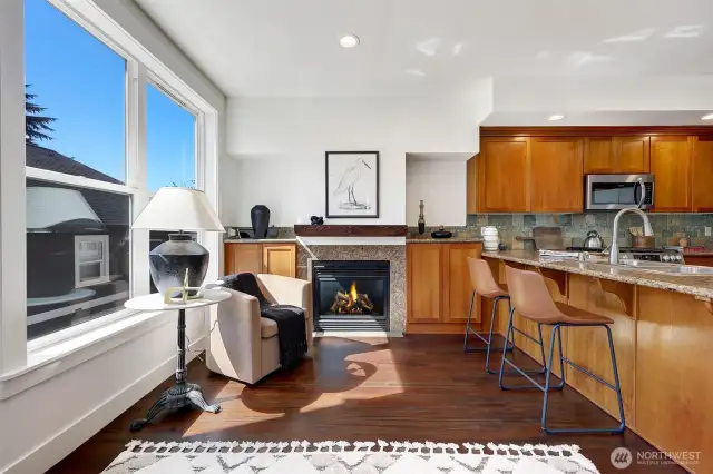 Gas fireplace surrounded with great storage.