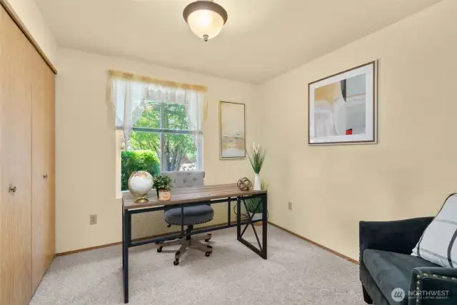 Third bedroom with fresh carpet—ideal as an office, nursery, or guest room.