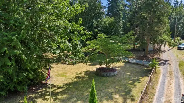 Drone view of the front yard and the right side of the horseshoe driveway.
