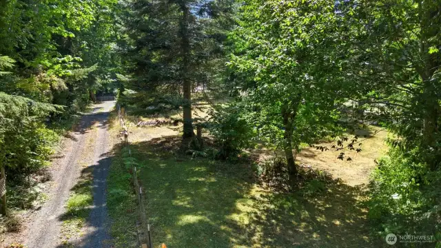 Drone view of the left side of the circular driveway.