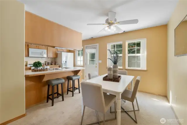 The living room flows nicely into the dining room.