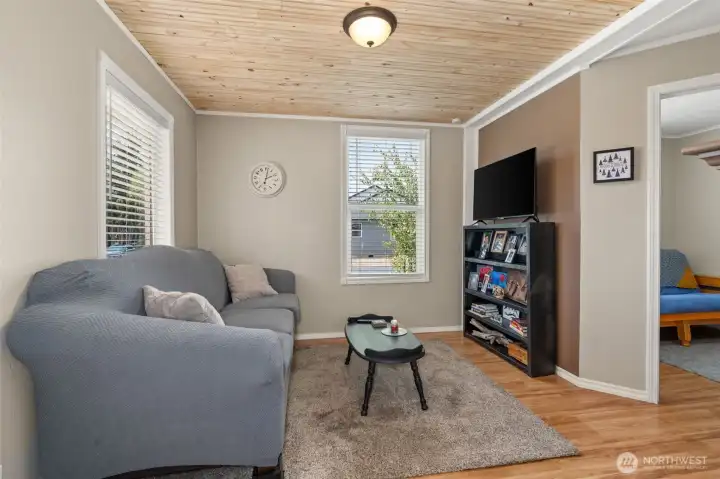Tongue and groove ceiling in the living room.