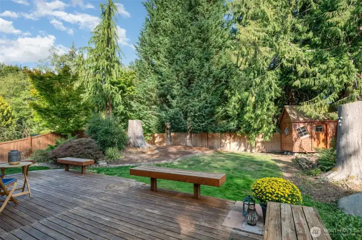 Fully-fenced private yard with a shed & large deck.