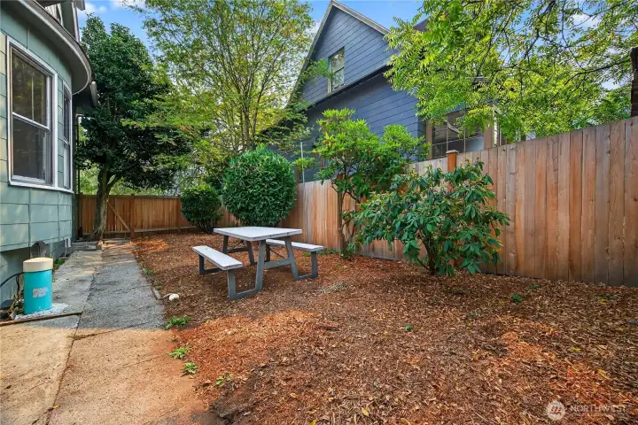 “Enclosed side yard with ample natural light, showcasing space for outdoor seating and gatherings.