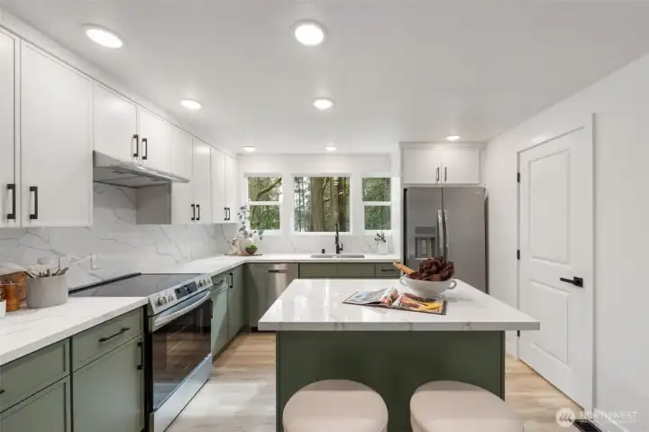 Kitchen with island and water views