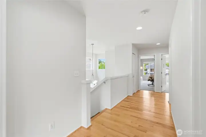 Upper Landing Open and airy upstairs landing overlooking the entry below, highlighted by natural light and a thoughtful layout that connects the private living spaces. Upper Landing Open and airy upstairs landing overlooking the entry below, highlighted by natural light and a thoughtful layout that connects the private living spaces.