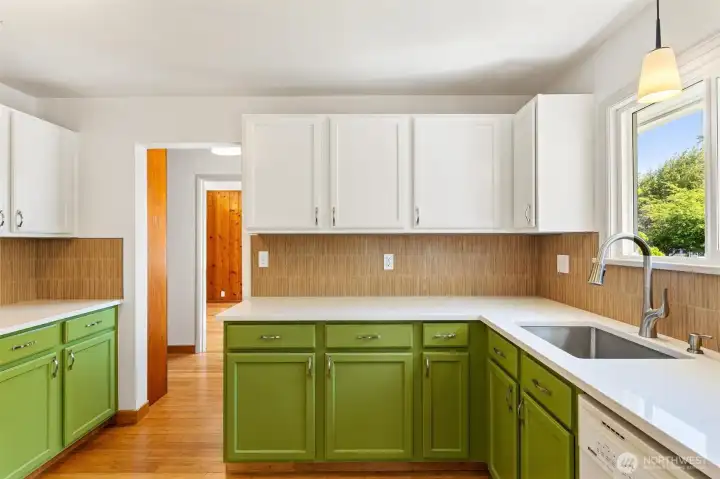 The kitchen is cheery and bright.