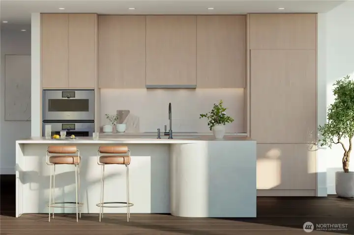 Air Palette kitchen featuring Gagganeu appliances, polished dark chrome Dornbracht plumbing fixtures, custom quartz curved island, polished quartz countertops and backsplash.