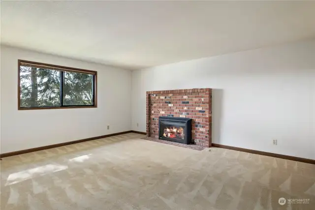 Large primary bedroom with a beautiful natural gas fire place. Newer high quality carpet in every bedroom.