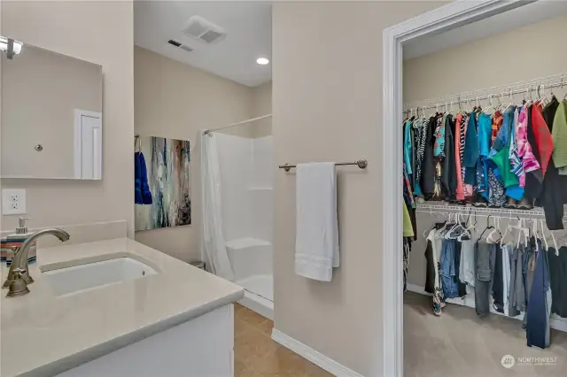 Primary bath with walk-in closet, walk-in shower & big linen closet