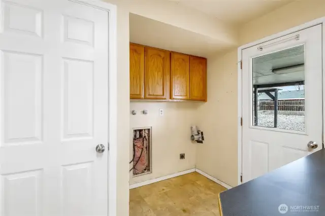 The hot water heater/tank is in this closet, and the laundry space is handy right next to the back door.