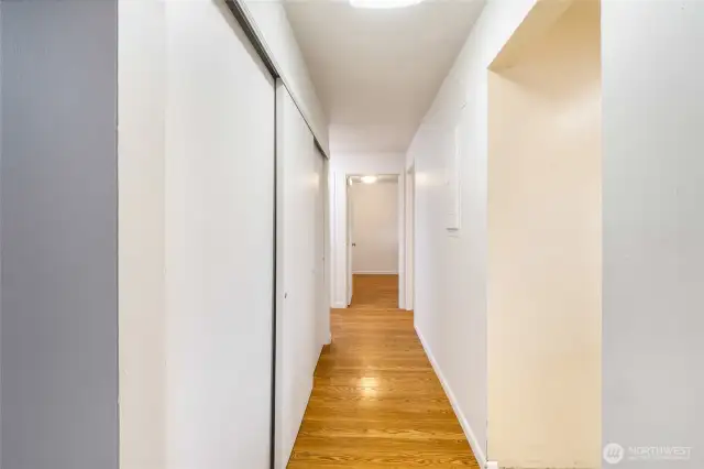 Hallway to the bedrooms.  Look how that hardwood floor shines!