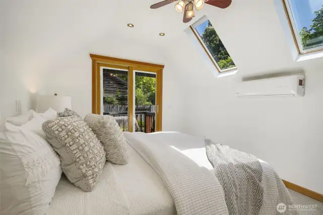 Skylights have electronic solar shaded on them and mini-split for heat and air.