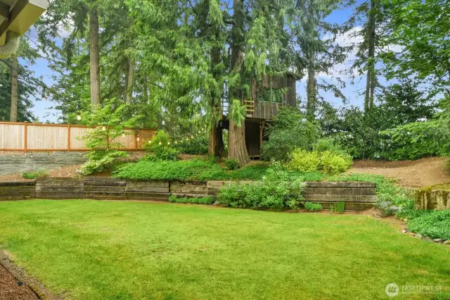Beautiful backyard framed by lush greenery, offering privacy and a tranquil setting.